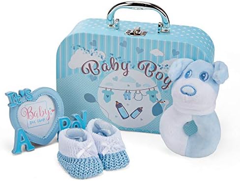 Newborn Baby Boy Gift Set - Hand Packed into Small Blue Hamper Keepsake Box Styled as a Case includes Soft Toy Rattle, Photo Frame, Muslin Cloth, Bib, Socks, Mitt and Hat for New Mother Baby Showers