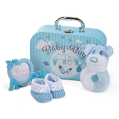 New Baby Gift Set For Newborn Boy - Blue Keepsake Box With Rattle, Photo Frame, Muslin Cloth, Bib, Mitts, And Hat - Welcome Baby Gift For Parents #TOP5
