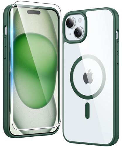 Image of FNTCASE for iPhone 15 Case Clear: iPhone 14 /13 Case Magnetic Phone Cases with Screen Protector Compatible with Magsafe Slim Anti Yellowing Rugged Protective Transparent Cell Cover (B-Alpine Green)