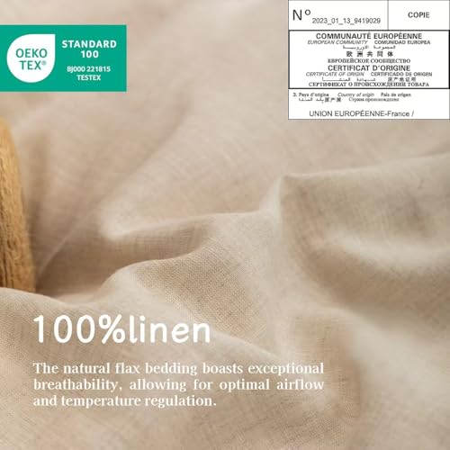 Image of EVERLY Linen Sheets Set Queen Size, 100% French Stonewash Pure Linen, 4 Pieces (1 Flat Sheet, 1 Fitted Sheet, 2 Pillowcases), Deep Pocket Natural Bedding Set, Not Dyed, Suitable for Hot Sleepers