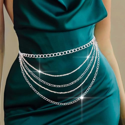 COSYDAYS Rhinestone Waist Chain Belt Silver Layered Belly Chain Fashion Body Chain Jewelry for Women3