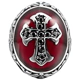 INBLUE Men's Stainless Steel Ring CZ Silver Tone Black Red Cross Knight Fleur De Lis Oval Size12