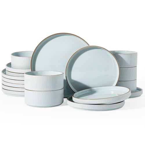 Image of Famiware Stoneware Dishes Dinnerware Sets for 6, Plates and Bowls with Trim | 18pc Ceramic Dinner Set with Lipped Edges, Chip & Scratch Resistant , Microwave & Dishwasher Safe, Everyday Formal Use, Blue