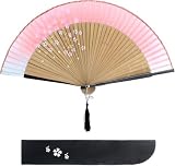 FSR00MZ Japanischer Klappfächer Rosa Kirschblüte aus Leinen & Bambus