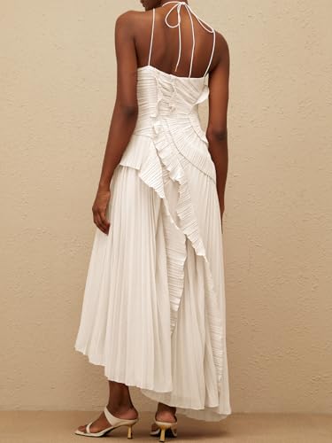 Image of Women Y2k Backless Long Dress Halter Tie Neck Maxi Dress Flowy Beach Sundress Summer Streetwear