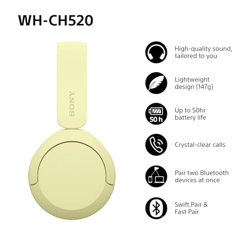Sony WH-CH520 Wireless Bluetooth On-Ear Headphones, Sound, Lightweight Design, Up to 50hr Battery Life, Quick Charge, EQ, Clear Call Quality, iOS & Android - Yellow - Image 3