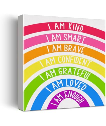 Rainbow Kids Affirmations Wall Art Canvas Painting Print Framed I Am Kind Smart Loved Artwork Canvas Sign for Nursery Decor (5 * 5 Inch)