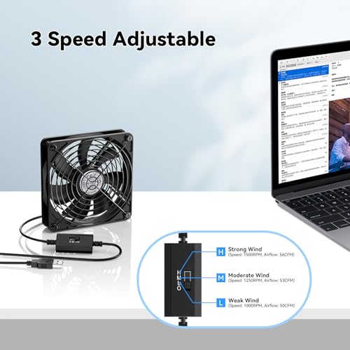 Image of ELUTENG 120mm USB Computer Fan, 5V PC Cooling Fan with 3 Adjustable Speeds | DC to USB Adapter, Metal Grill Fan for Laptop, PS5 /PS4, TV Box, Router, AV Cabinet & Projector, Black