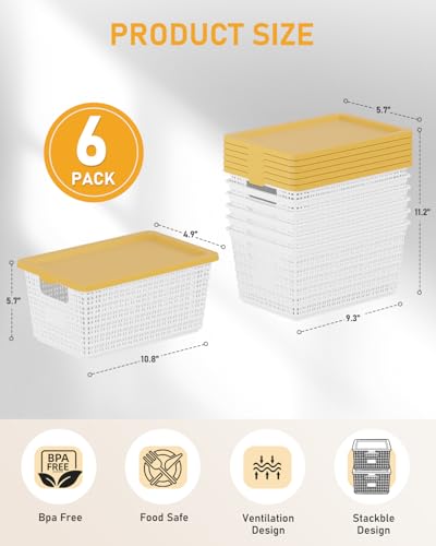 Image of EOENVIVS Storage Bins Bakets with Lids 6 Pack, Stackable Organizer Bins for Small Spaces, Pantry, Closet & Bathroom, Secure Snap Lids, 11x7x5 Plastic Storage Containers for Shelf Organization, White