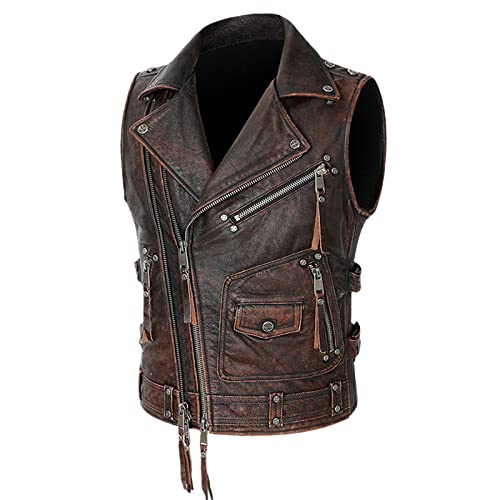 Chaleco biker de cuero marrón para rutas en moto de primavera talla M