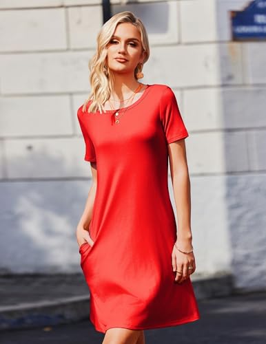 Zeagoo Señoras Vestido de Playa Rojo Cuello Redondo Manga Corta Vestidos de Verano Casual Unicolor Tshirt-Vestido con Bolsillos Longitud de la Rodilla XXL