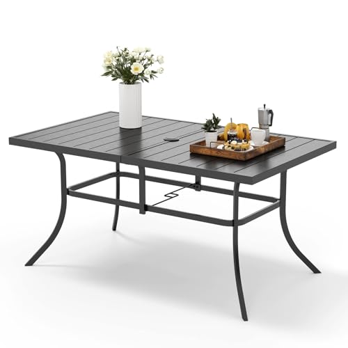 MFSTUDIO Outdoor Patio Dining Table for 6, Rectangle Weather Resistant Metal Patio Table with Adjustable Umbrella Hole, Black