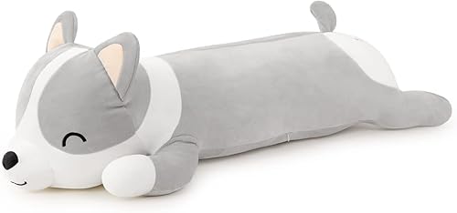 Juguete largo de peluche Corgi para niños, lindo animal de peluche suave y suave, almohada de juguete de peluche para niños y niñas (gris, 23.6