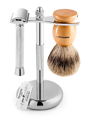 Perfecto Deluxe Shaving Kit, 100% Badger Shaving Brush, Chrome Razor and Brush Stand and Chrome Double Edge Safety Razor