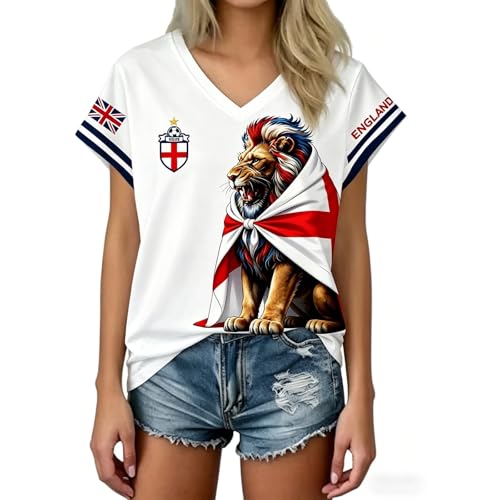 Image of England Football Shirt, Womens England Football Shirt Soft Ladies Soccer Tops Tshirt for Women Classic Jersey Lightweight Soccer Training Top White L