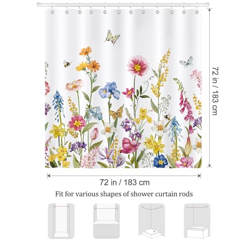 Miniatura 6 de Bonhause Cortina De Ducha Flores De Coloridas Primavera Floral Silvestres Acuarela Planta Cortina De Baño De Poliéster Impermeable Antimoho Lavable Cortina Ducha 180 X 180 Cm Con 12 Ganchos