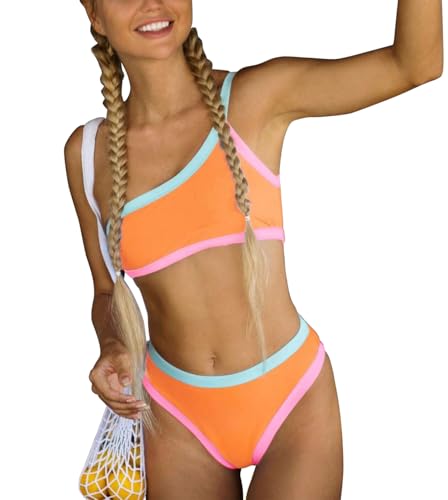 Women’s Ribbed Bikini Sets One Shoulder Top Two Piece Swimsuits Mid Rise Color Block Bathing Suit
