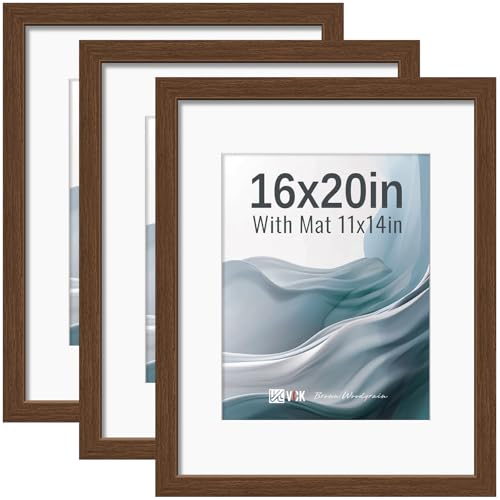 Image of VCK 16x20 Picture Frames Brown 3 Pack, Wide Border Wood, Tempered Glass, Display 11x14 Photo with Mat or 16 x 20 without, for Home, Office, Gallery, Woodgrain Series, Wall Hanging