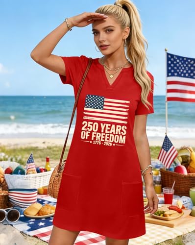 Image of Ithalt 4th of July Dresses for Women Patriotic Dress Red White and Blue Outfits American Flag V Neck Sundress with Pockets