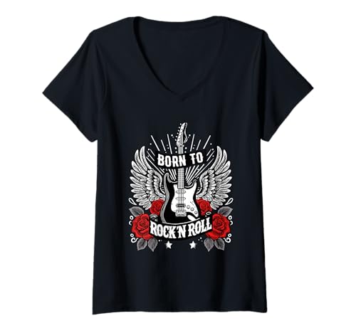 Femme Born to Rock Lets Rock Vintage Retro Rock & Roll Rock Concert T-Shirt avec Col en V