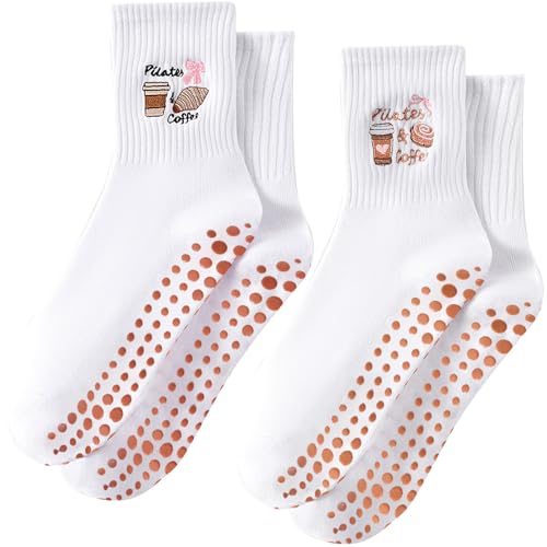 ZFiSt Pilates Grip Socks for Women,Ruffle Cotton Cute Pilates Socks for Yoga Barre Hospital Dance Fitness 5-10in (2Brown Pilates&Coffee)