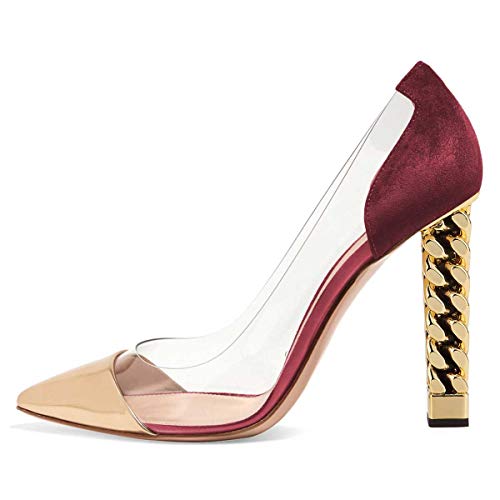 FSJ Women Golden Block High Heels Clear Pumps Pointed Toe Slip On Fashion Dress Party Evening Shoes 12 Gold Wine FSJ Women Golden Block High Heels Clear Pumps Pointed Toe Slip On Fashion Dress Party Evening Shoes 12 Gold Wine