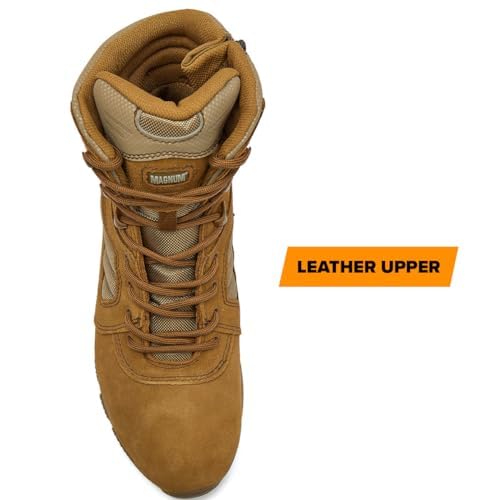 MAGNUM Storm 8 Inch Leather Waterproof, Military Mens Combat Boots or Work Boots with Side Zipper - Tan/Tan, 7.53