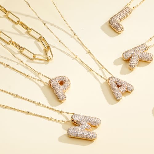 Ascona A-Z Letter Necklace Gold, Layered Balloon Initial Necklaces Rhinestone Letter Pendant Chain Layering Necklaces for Women Jewelry Gift4