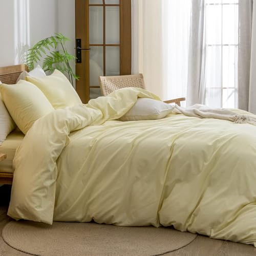 Image of BESTOUCH Cotton Solid Duvet Cover Set Linen Feel Light Yellow Alaska King | Washed Cotton, Linen Feel, Soft Wrinkle Texture, Hidden Zipper, 8 Ties, Breathable Lightweight Durable Comfy, 3Pcs No Insert