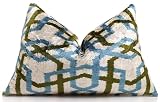 CANVELLO Handmade Velvet Ikat Lumbar Pillow 16x24 | Sky Blue & Olive Trellis