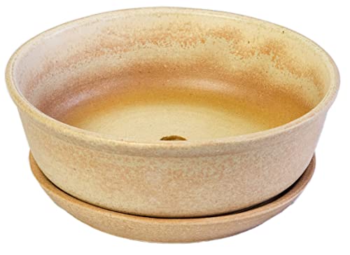 Kerazo Ceramic bonsai bowl, round, 18 x 6 cm, with bottom tray, antique, stoneware,sturdy, frost-resistant