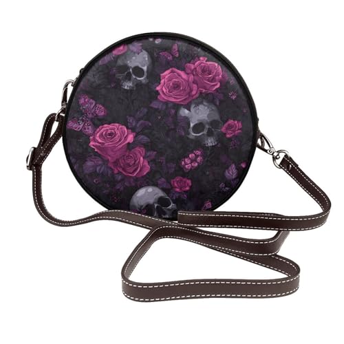 Sac à bandoulière rond Rose Flower Skull en cuir vegan aux finitions soignées