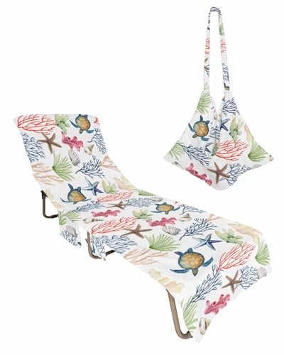 Coastal Nautical Beach Lounge Chair Towel Cover, Soft Chaise Lounge Towel with Side Pockets Patio Pool Chairs Cover for Beach/Pool Sunbathing 29x85 Summer Beach Coral Sea Turtle Starfish