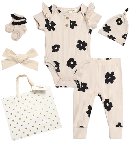 Jessica Simpson Baby Girl Layette Set - 4 Piece Newborn Baby Girl Outfits with Onesie Bodysuit Baby Pants Hat & Socks (0-9M)