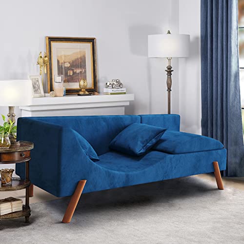 Phoyal Chaise Longue, Modern Living Room Curved Lounge Chair With 2 Pillows, Velvet Upholstered Lounge Chair For Living Room And Bedroom, 64.9”Chair (Blue) #TOP4