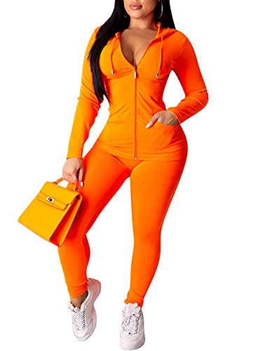 Bornpom Women 2 Piece Outfits Jumpsuits Rompers Long Sleeve Zip Up Shaper Jacket Top Pants Set Tracksuits Orange L