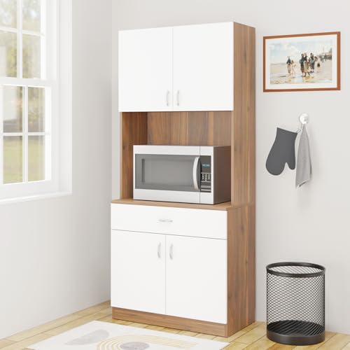 Image of VIKI Furniture | Kitchen Cabinet - Drawer with Doors & Open Shelves, Organizer for Kitchen, Bedroom, Hallway & Living Room (Brussel Walnut & Frosty White - 40D x 80W x 180H cm) | 1 Year Warranty