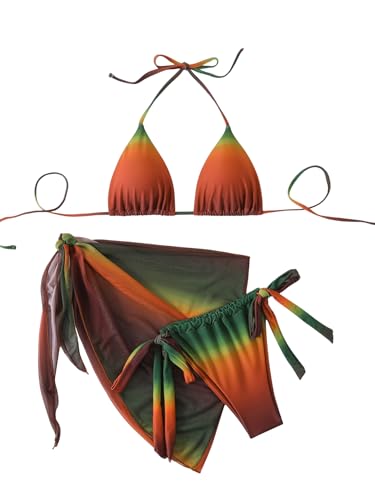 SEGT Women's 3 Piece Swimsuit Triangle Halter Side Tie Thong Bikini Set with Cover Up Skirt