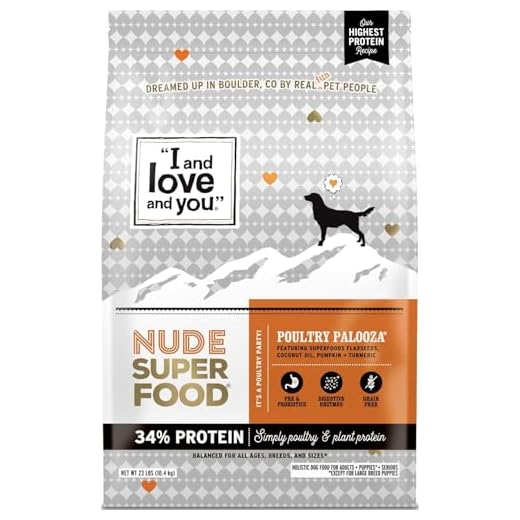 "I and love and you" Nude Superfood Dry Dog Food - Grain Free Kibble, Prebiotics & Probiotics, Turkey + Chicken, 23-Pound