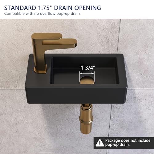Small Bathroom Sink DeerValley, 15"x7" Mini Rectangle Wall Mount Vessel Sink for Bathroom Powder Room Cloakroom, Floating Space Saving Design, Easy to Clean Matte Black Ceramic Wash Basin (Left Hand)