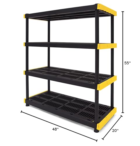 CX Black & Yellow®, 4-Tier Heavy Duty Plastic Storage Shelving Unit, 200lbs/shelf (55”H x 48”W x 20”D), for Indoor/Outdoor Organization, Modular Rack