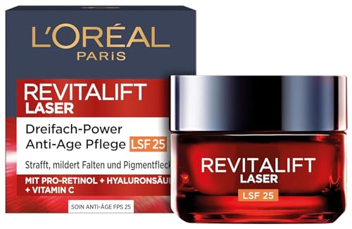 L'Oréal Paris Anti-Aging Crema giorno SPF 25 a tripla forza per le donne: riduce le rughe e rassoda la pelle, con pro-retinolo, acido ialuronico e vitamina C, RevitaLift Laser, 1 x 50 ml