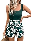 BEAUDRM Women's 2 Piece Solid Square Neck Pullover Tank Top and Floral Print Belted Shorts Sets Green Large