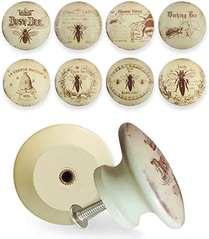 Retro Kitchen Cabinet Knobs, Honey Bee Drawer Pulls, Rustic Brown & Beige Cabinet Handles, Vintage Brass & Wood Handle, Set of 8 Dresser Knobs for Closet & Doors, Bathroom, Bedroom or Drawer Knobs