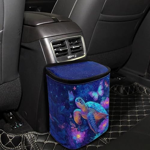 Image of Talayituse Daisy Turtle Butterfly Print Car Trash Bin, Large Size Auto Trash Can Adjustable Portable Garbage Can with Lid, Vehicle Hanging Bag for Headrest Front Back Seat