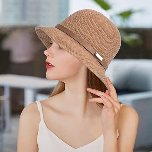 Women Straw Cloche Hats Summer Beach Sun Hat Wide Brim Straw Bucket Hat 1920S Vintage Bowler Hat (As1, Alpha, M, Khaki) #TOP2