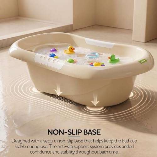 Image of Baybee Lovely Baby Bath Tub for 0 to 5 Years | Ergonomic Bath Tub for Kids with Quick Drain & Storage | Premium Baby Bather with Non Slip Base & Side Grip Bathing Tubs for Boys Girls (Beige)