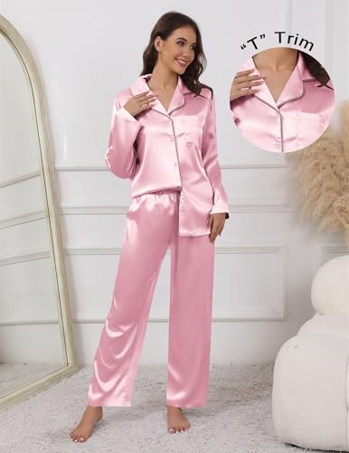 Image of Ekouaer Pajamas For Women Set Silk Pjs 2 Piece Satin Sleepwear Long Sleeve Button Down Lounge Sets With Pant