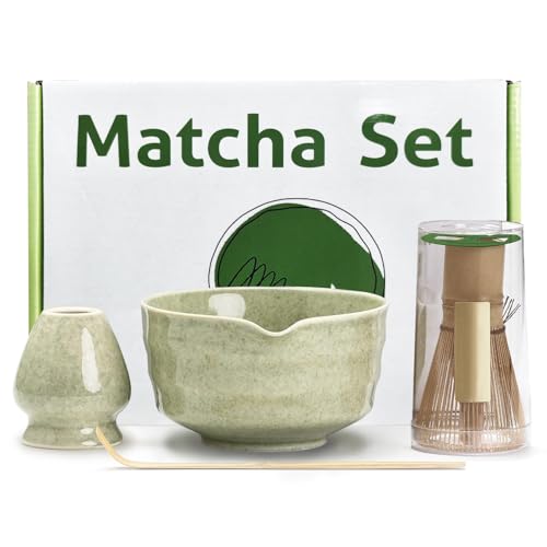 Matcha Set, Matcha Kit 4 Pcs, Traditional Japanese Matcha Tea Set, Bamboo Matcha Whisk, Matcha Spoon,Beautifully Crafted Matcha Bowls, A Great Gift for Matcha Lovers (Matcha Green)