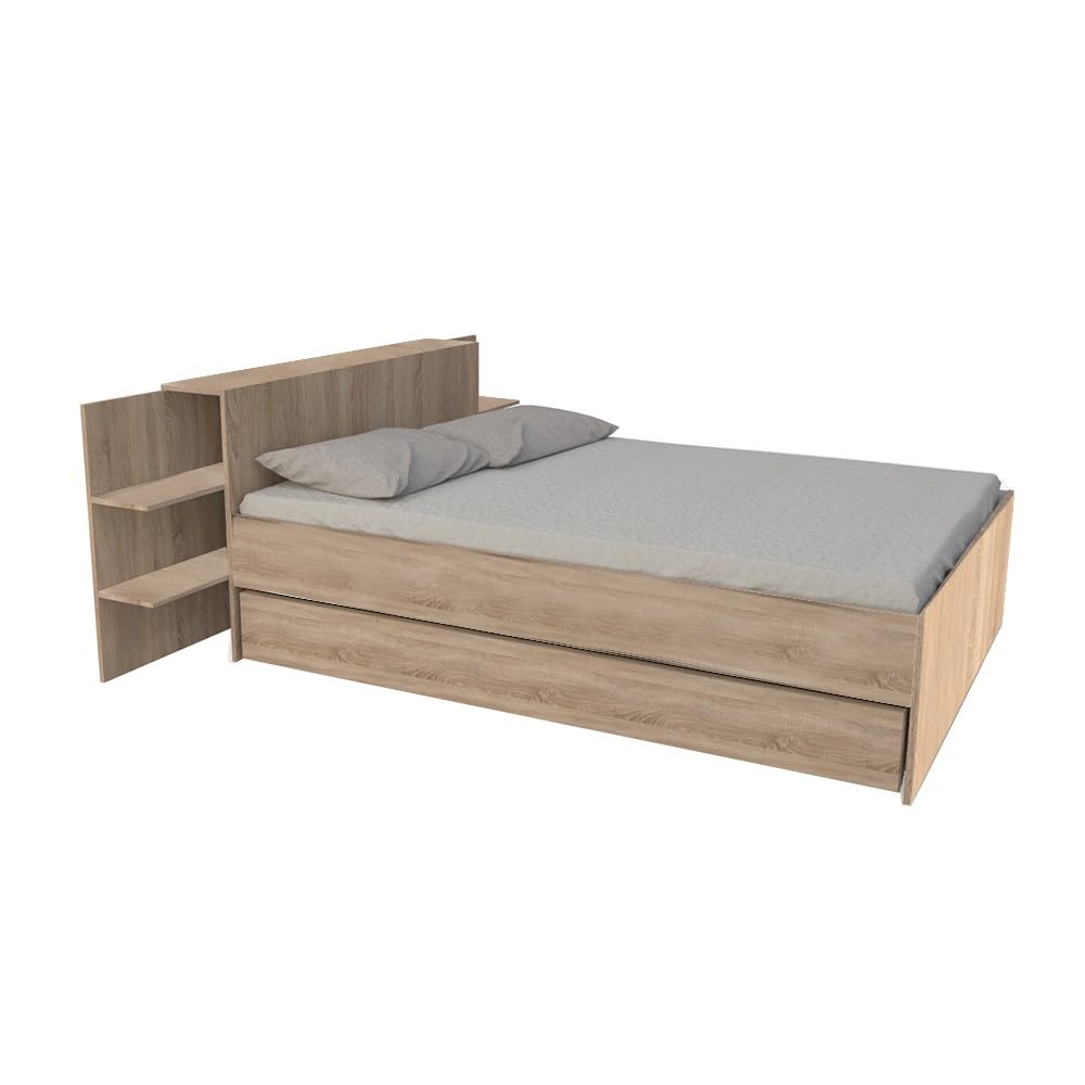 WEBER INDUSTRIES Lit City 140x190 + tête de lit Chevet + 1 tiroir/Décor Chêne Blanchi